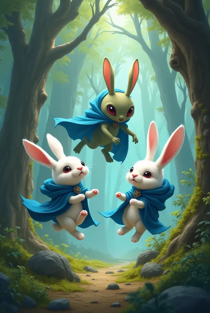 Cute white rabbits wearing blue cloaks are standing in the air within jumping distance of an alien in the forest, punching it