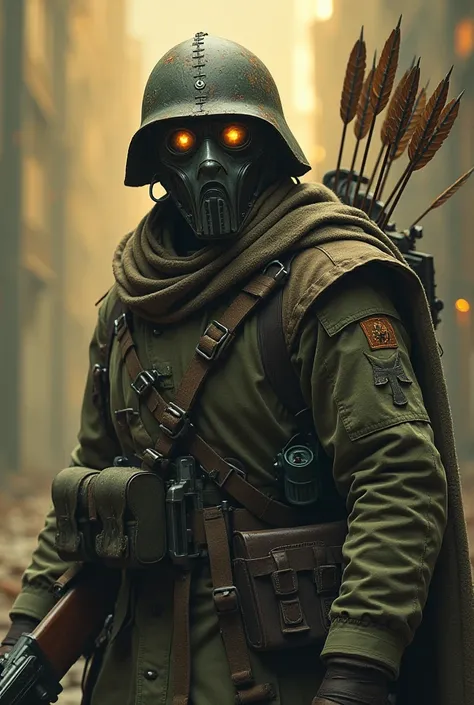 An otherworldly warrior clad in WW2 soldiers fatigues, he wears a strange helmet that looks like a mixture of a gas mask and a Roman gladiator helmet. He is shot with many arrows, he carries a light machinegun in his left hand. His eyes glow bright with an...