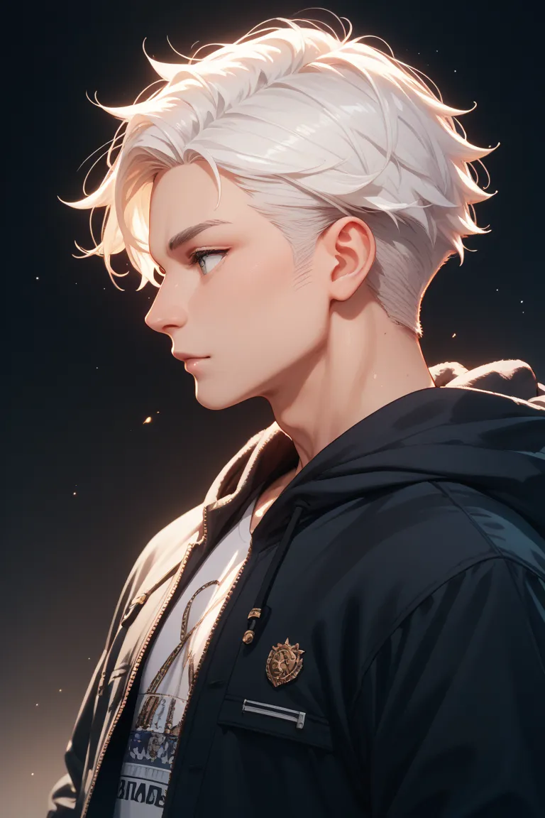 Profile of a brown-skinned boy with white, fluffy, and white hair wearing a hoodie