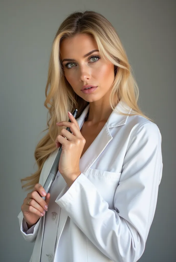 “A 45-year-old Ukrainian doctor, blonde, attractive and sensual , with long well-groomed hair and subtle makeup, wearing an elegant white coat slightly fitted to the body. She holds a pen in her right hand, with a suggestive and slightly provocative look, ...