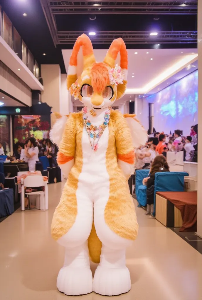 posing cute light brown fennec fox girl, long orange pigtails, flower crown, eyeshadow, orange eyes, in a convention centre, hands behind her back, angel wings