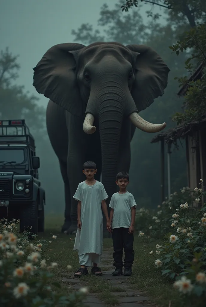 A dark and mysterious scene featuring a majestic elephant with long tusks standing near an old bungalow. A black Land Rover Defender is parked close by. Delicate white temple flowers are scattered in the scene, adding contrast to the darkness. Two thin boy...