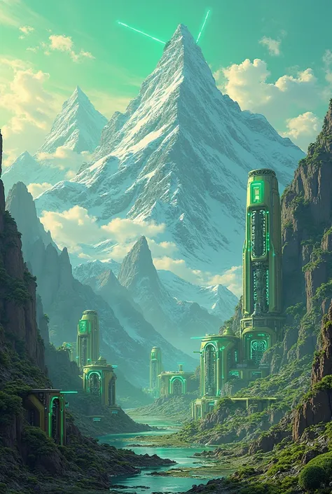 bright green fantasy tech game background with mountains