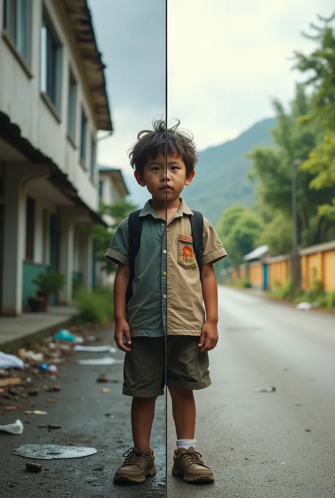 A symbolic split-screen image showing a young student (boy or girl) standing in the center, with their body divided vertically in half. The left side shows a poor environment: worn-out clothes, dirty, tired expression, standing in front of a rundown school...