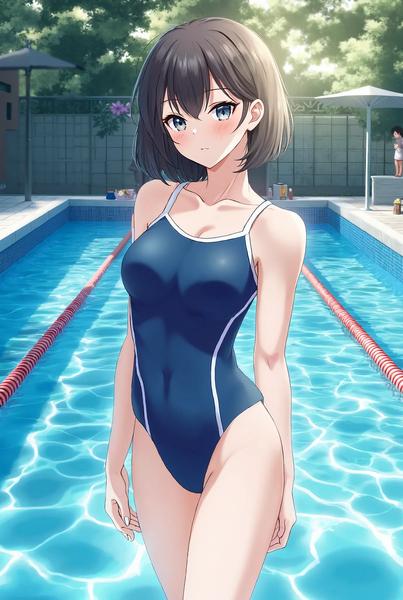 Japanese woman in a school swimsuit,white piping swimsuit,Venus by Milo,Low Leg,High school swimming pool,3:30 PM in summer, sunlight filtering through the trees,Swimsuit has a simple design,The shoulder strap is 15mm wide,droopy eyes,elastic fabric,Fits y...