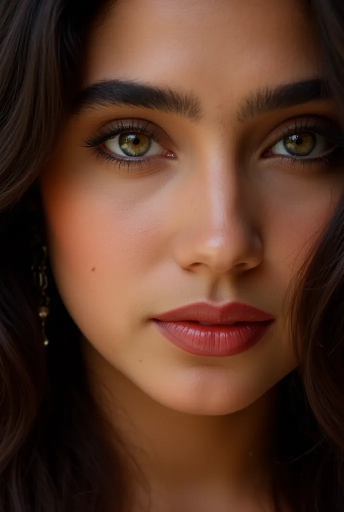 A close-up portrait of a stunning woman with smooth, glowing skin, deep brown eyes, and full lips. Her dark, wavy hair cascades around her face, partially framing her features. A small decorative bindi adorns her forehead, enhancing her traditional yet mod...