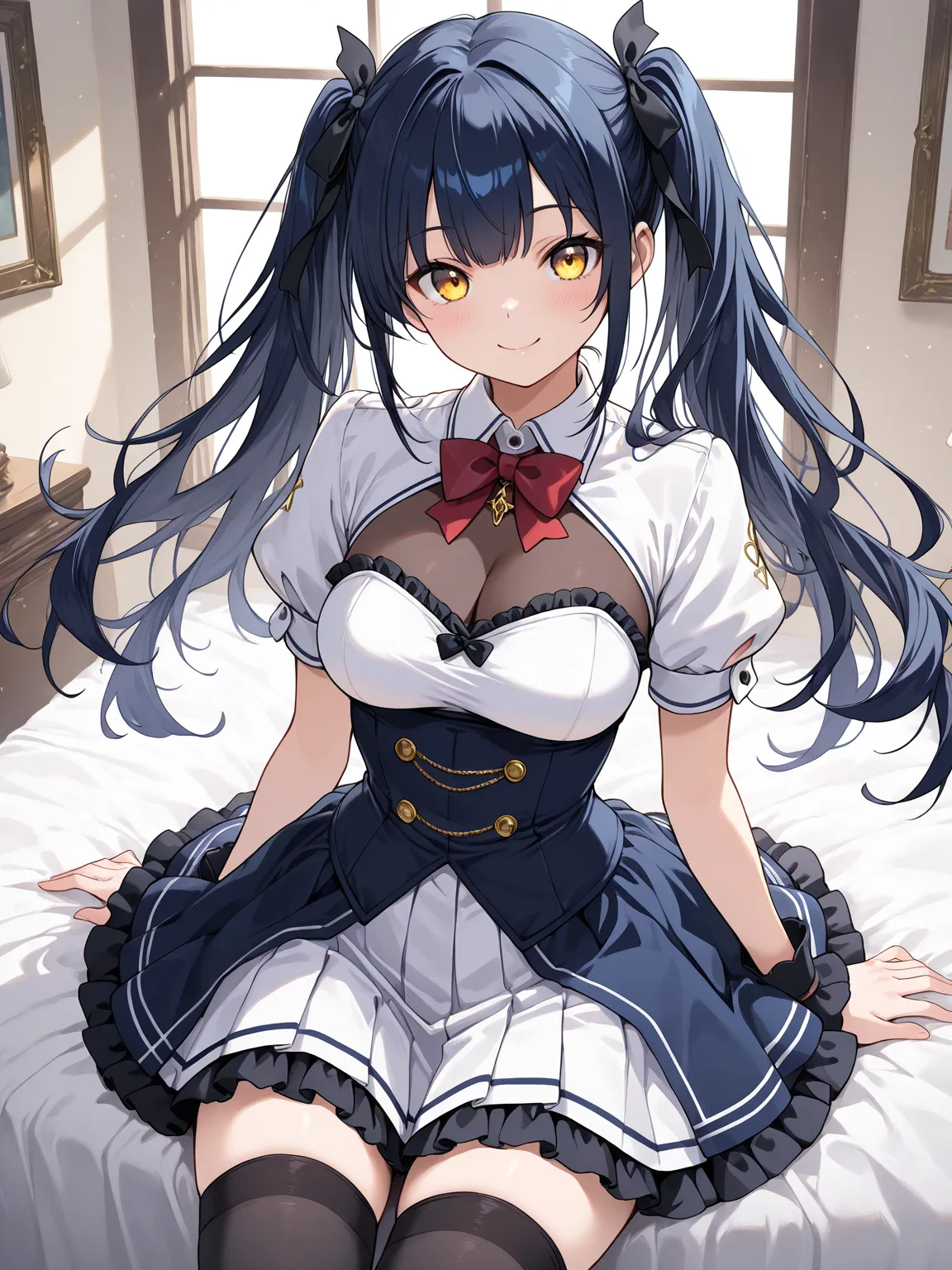 1girl, dark blue hair, long hair, twintails, yellow eyes, white hair ribbon, medium breasts, white shrug (clothing), puffy sleeves, short sleeves, wing collar, red bowtie, blue underbust, white strapless dress, frilled dress, black see-through cleavage, wh...