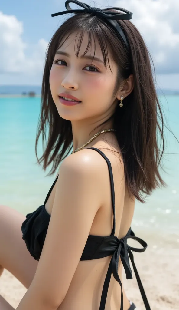 masterpiece, Ultra High Resolution 、top quality、full body、Cute Poses、On a tropical beach、, smile、tilt your head、  Large gemstone earrings   :1.5,、small breasts、 Very slim body 、thin thighs , (beautiful face),(shining eyes:1.1),  very young  ,Ultimate Idol,...