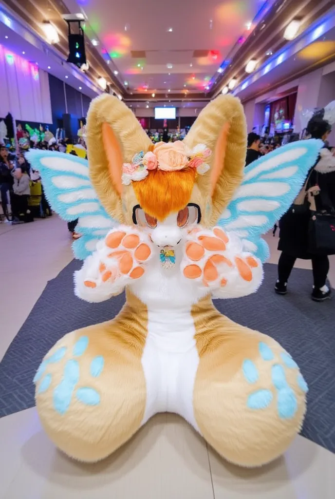 cute light brown fennec fox girl, long pastel orange hair, flower crown, eyeshadow, orange eyes, in a convention centre, doing a peace sign, angel wings