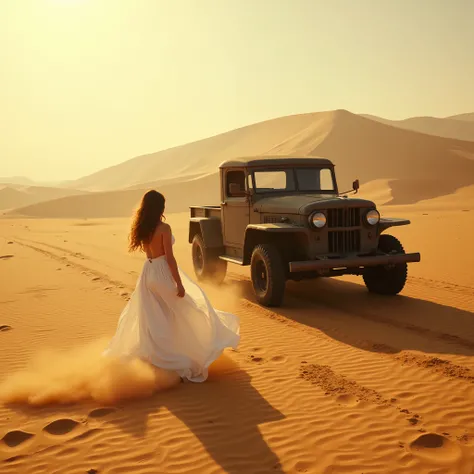  Cinematic photography, eye-level view of a vast desert with towering sand dunes, tire tracks carved into the golden sand. An old, rugged military truck stands still, its metal frame slightly covered in dust. The sky is hazy with a warm, sepia-toned glow, ...