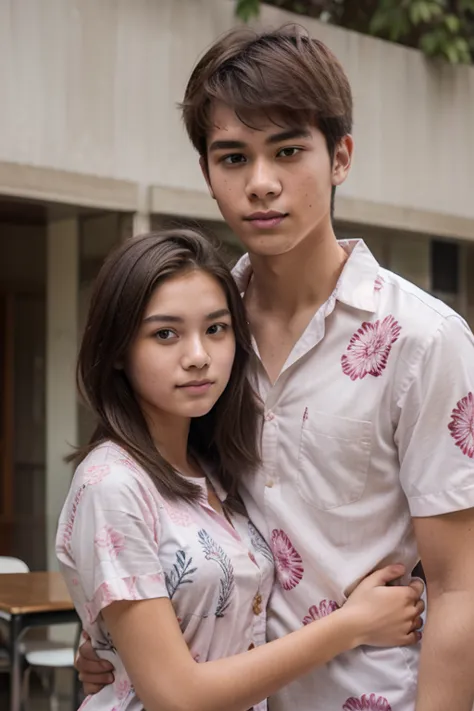 Make a photo of a 19 year old guy with short hair wearing a batik shirt, cwowok his skin is tan and tall, next to him is a pretty short girl with long hair, white skin, wears a pink batik shirt. and the guy hugs his girl, and his background is school