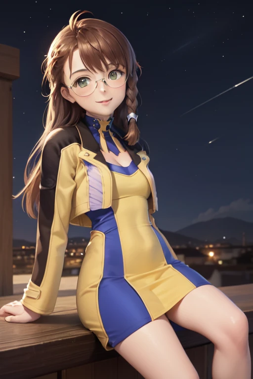   masterpiece,   the best quality,  XS1shion    , glasses,     braid,   yellow jacket,  neckline , purple and yellow dress, socks,    pechos grandes,    observing the spectator ,     smile,     of foot,   Cowboy Shooting ,   mouth shut,   head tilt, cielo ...