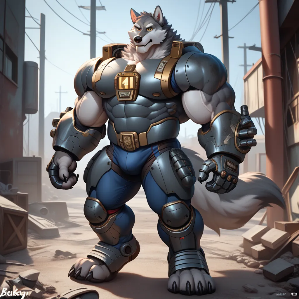 beefy wolf, (((wolf))), furry, (beefy, muscular), ((dark gray fur)), male, paws, claws. ((extremely broad shoulders, extremely muscular arms)), huge thick muscles, ((massively muscular back)), ((indoor, wearing a photo fallout power armor, intricated detai...