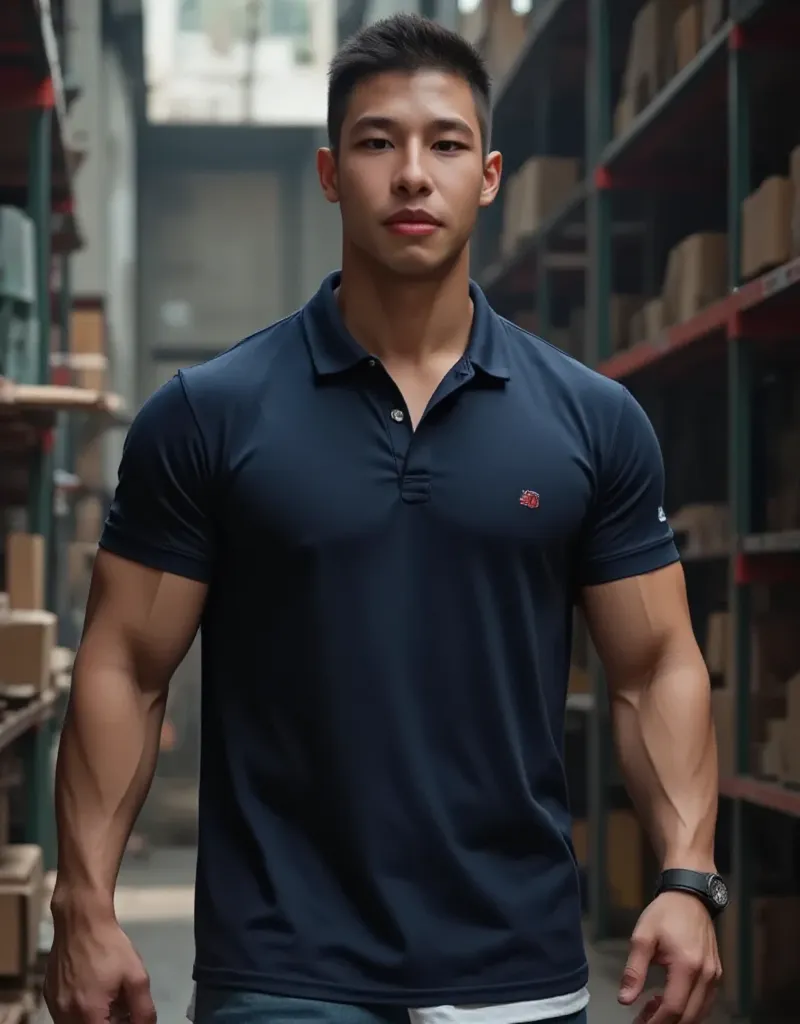 A young Asian handsome bodybuilding man, hair skinhead  ,wearing navy polo shirt  ,and white t-shirt in the polo  , walking, in warehouse
