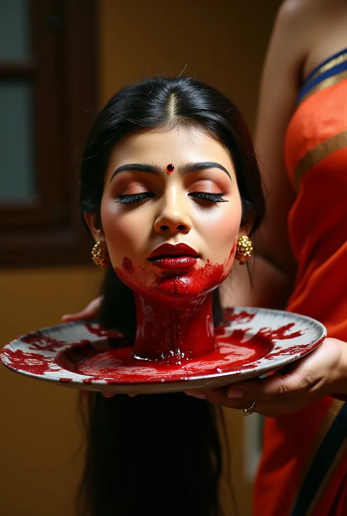 Beautiful Actress's bloody decapitated head after beheading put on platter held by a woman in saree and presented to his master. Severed head has dark and long lower pony tail hair style, bindi on forehead precisely between eye brows, eyes Closed, her dark...