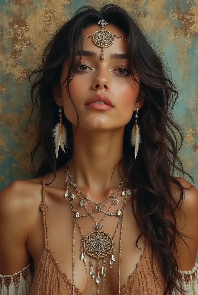 Beautiful woman amazing cinematic painting by Asencio, Boho Dreamcatcher, necklace, jewelry, earrings and feather, boho style, simplicity