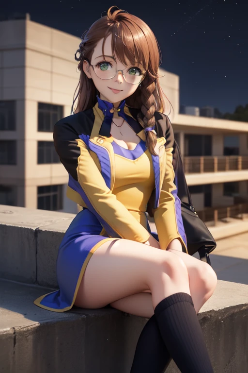   masterpiece,   the best quality,  XS1shion    , glasses,     braid,   yellow jacket,  neckline , purple and yellow dress, socks,    pechos grandes,    observing the spectator ,     smile,     of foot,   Cowboy Shooting ,   mouth shut,   head tilt, cielo ...