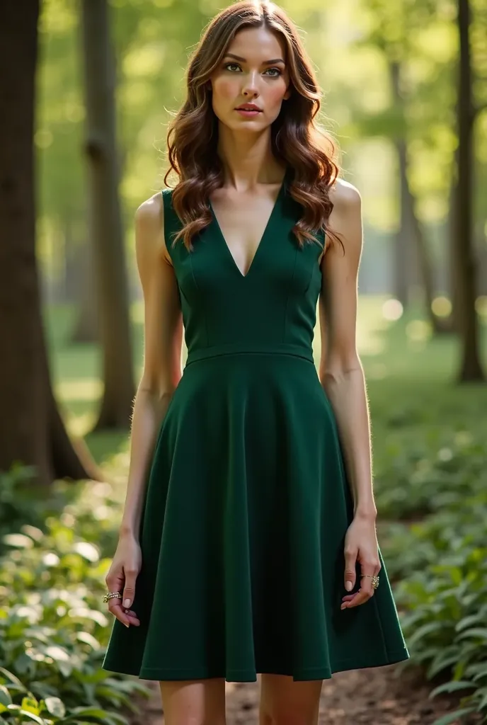 Short forest green cashmire dress with v neckline without sleeves with pretty details use some forest themed embriides in the dress