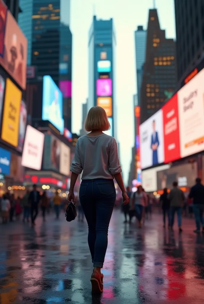  fille cheveux au carré blonde avec des formes rondes marchant de dos Time Square, réaliste de haute qualité