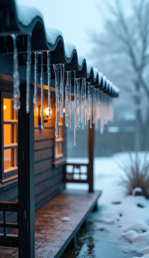 imagine when the world suddenly freezes in a matter of seconds, suddenly the rain freezes, close up to the detail of water droplets freeze, become ice, the water flowing on the roof tiles freezes, become ice, the rainwater dripping from the roof tiles beco...