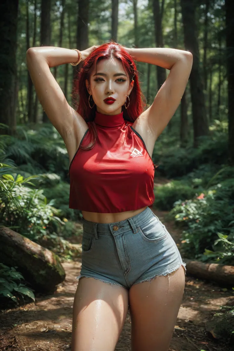 Masterpiece, Best quality 4k full body, Korean girls face , bold make-up, wearing red Saree and sleeveless blouse and red lipstick Ma durga standing two hands up showing her armpits in the forest wearing red Saree sleeveless blouse her body full of sweat 