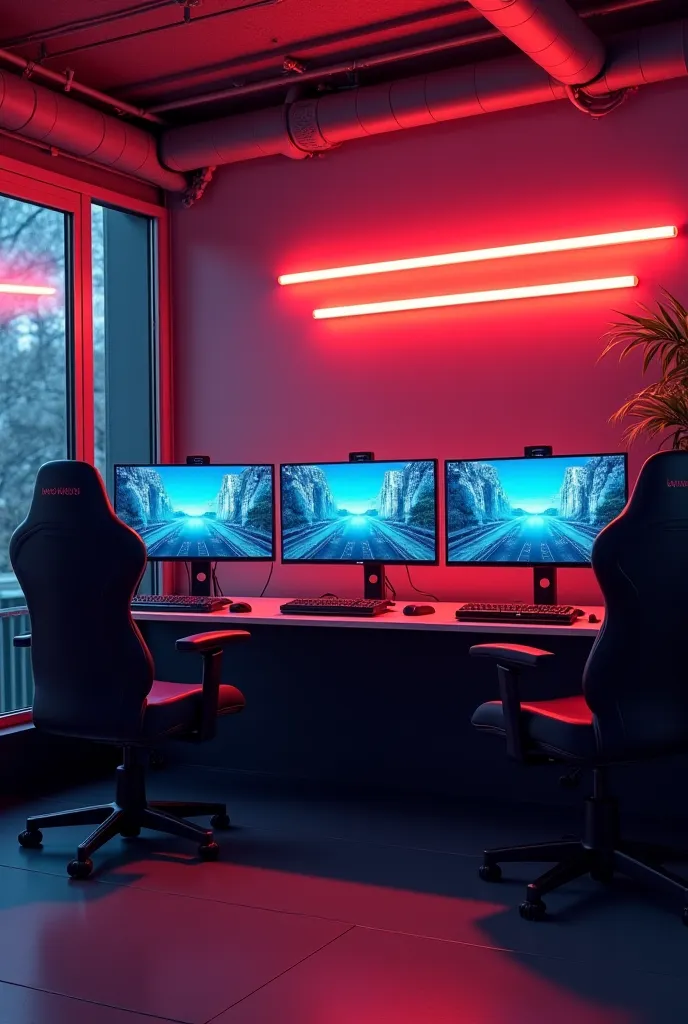 Create a very simple gaming cafe with 3 gaming monitors in a row in the middle of the room facing opposite of each other without people in it