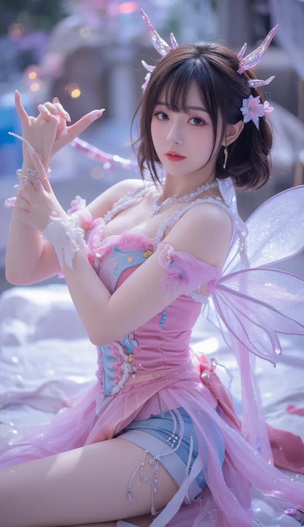 Magical girl cosplay,slightly big boobs,tall,female,Two-pronged hairstyle