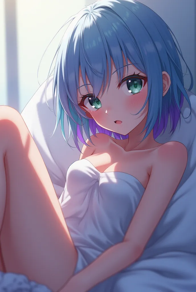 Create an Anime Girl with Short Light Blue Hair With Purple Highlights and Green Eyes with Medium Naked Body Lying on Her Back Stepping Her Ass