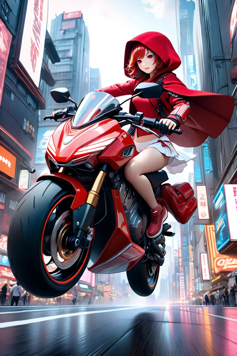  ( bestquality,4K,8k,highres,masterpiece:1.5),ultra-detailed,(realistic,Photorealistic,photo-realistic:1.4),HDR,UHD,A super-small girl wearing a Little Red Riding Hood and flashy red and white robot armor.Flying above the city on a stylish cyberpunk-style ...