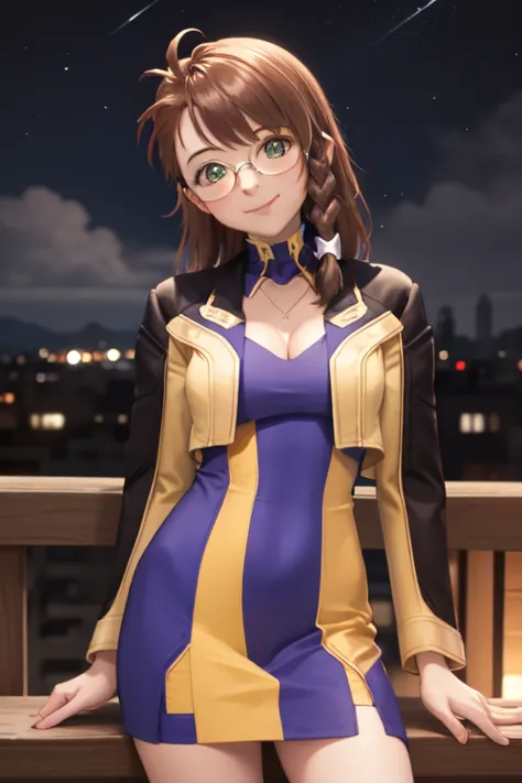   masterpiece,   the best quality,  XS1shion    , glasses,     braid,   yellow jacket,  neckline , purple and yellow dress, socks,    pechos grandes,    observing the spectator ,     smile,     of foot,   Cowboy Shooting ,   mouth shut,   head tilt, cielo ...