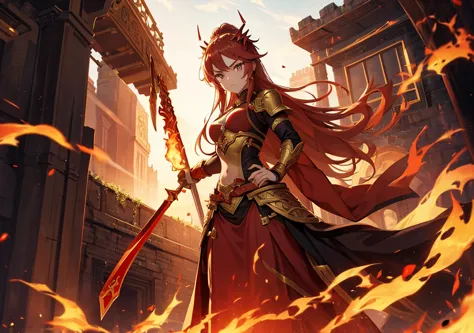 The Warrior Princess of the Land of Burning Courage - A beautiful girl with flames on her back and a sword at the ready. Clad in red and gold armor, she gazes ahead with powerful eyes