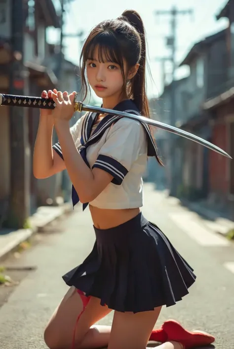 Detailed RAW quality pictures , (masterpiece, top quality :1.2), 8k,  Looking Young and Beautiful  , 85mm,Official AR Photo, baby face, High school student model, Japanese woman holding a Japanese sword, beautiful eyes,  young beautiful woman, 16-year-old ...