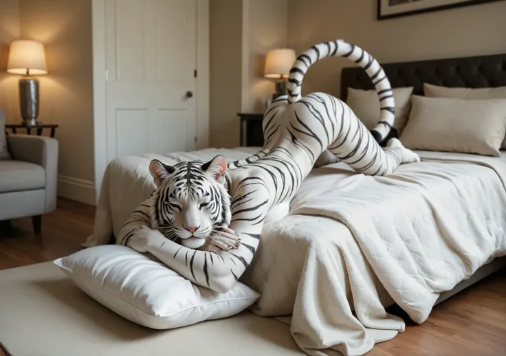 Cute Cat、On the cushion、sleeping with your front legs extended and your face buried in between、standing on all fours、A gray and white tiger pattern cat、Anthropomorphic cat、Bright and luxurious room