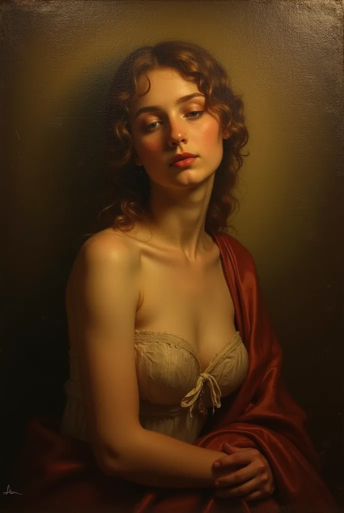 classical oil painting featuring a serene figure in warm lighting, surrounded by a softly blurred, dark patina background. Rich golden hues contrast with deep shadows, reminiscent of Baroque masters.