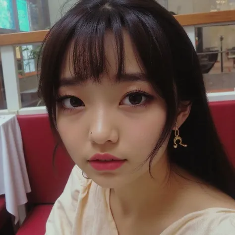 young Japanese female idol sitting at a restaurant table, Alone, 1 girl who died,  wears an off-the-shoulder dress, Focus on Your FACE, face close-up, looks at the camera, pale skin, detailed face, detail eyes,  seductive eyes,  natural makeup ,
(open your...