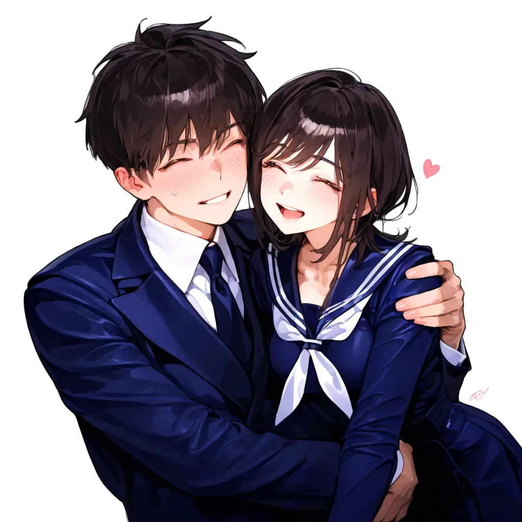 1girl and 1 boy、couple、lover、men and women、 female short hair 、Men's center division、Male suit 、tie、women sailor suit、hug