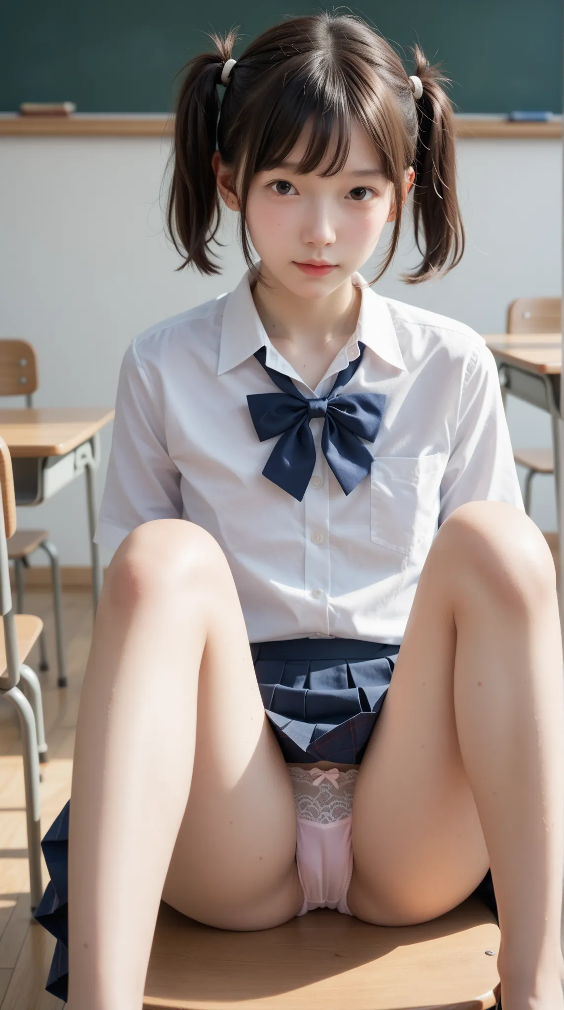 score_9, score_8_ up, score_7_ up,cute girl,sunlight, school uniform,Roll up your uniform with both hands to show your chest,(thin:1.5),(     young:0.5),(  body :0.3),(white skin:1.1),,sweaty、classroom、bedroom,(smile:0.3),(opens legs:1.5),very thin,my legs...