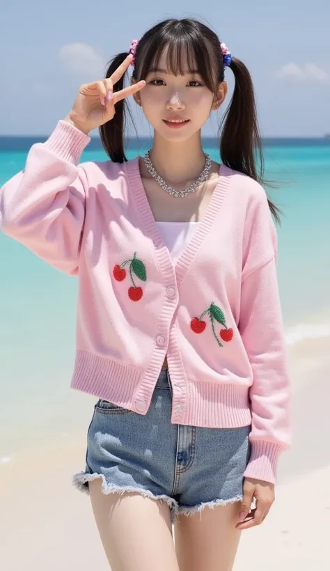 masterpiece, Ultra High Resolution 、top quality、full body、Cute Poses、On a tropical beach、, smile、tilt your head、  Large gemstone earrings   :1.5,、small breasts、 Very slim body 、skinny、 Sparkling flower pattern 、thin thighs , (beautiful face),(shining eyes:...