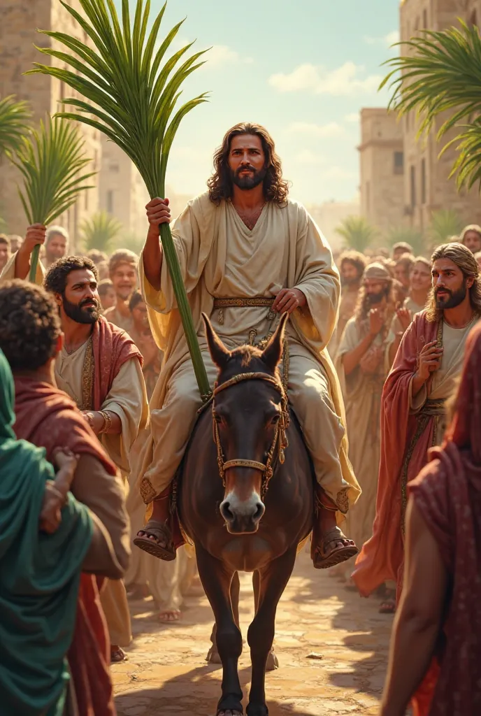 An image of Palm Sunday, Where Jesus walks into a donkey and is praised with palm branches, Jesus has a pretty, smiling face and so do other people 