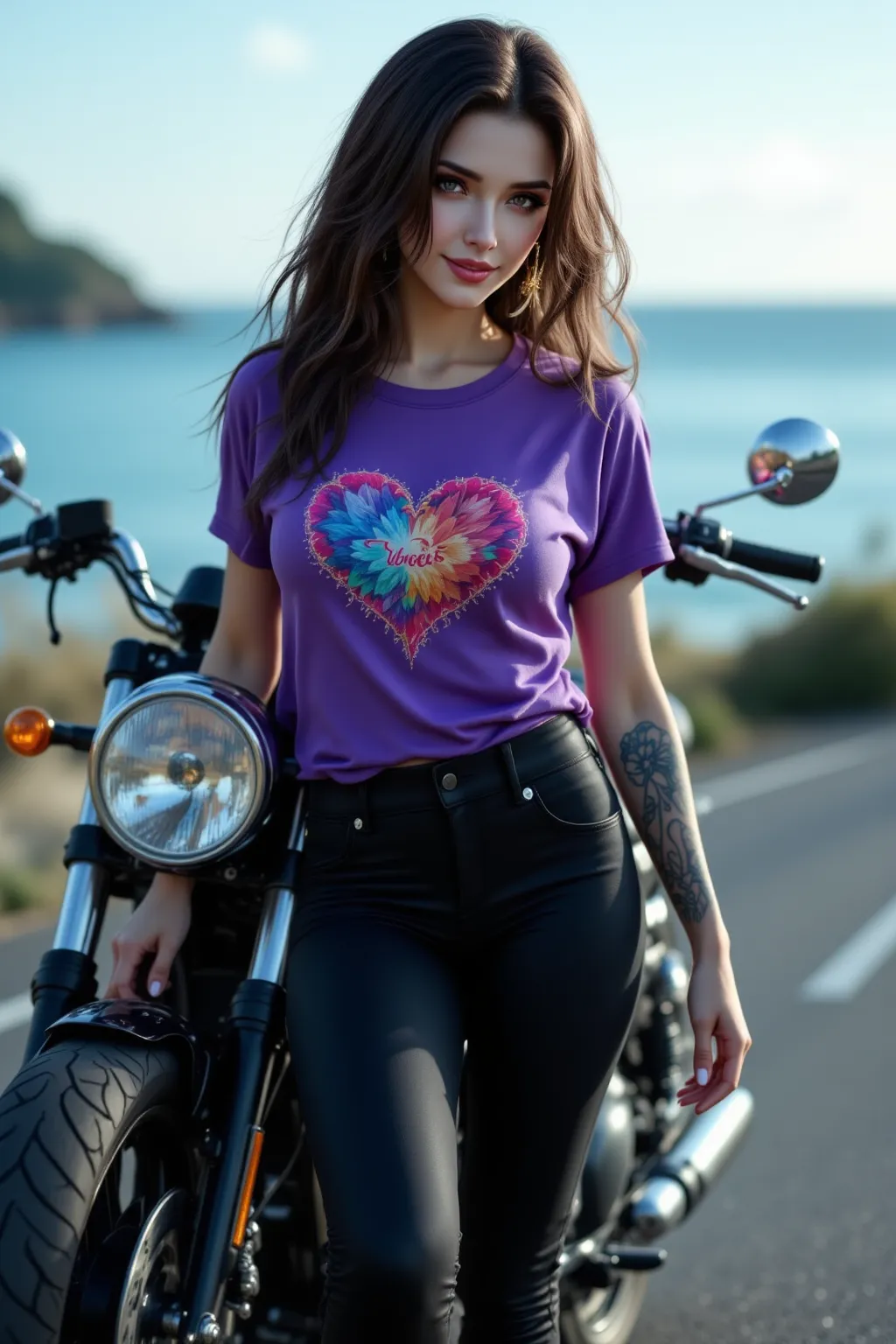 (((A beautiful, slender, slightly muscular woman with big curves),(I have a colorful tattoo, wear a purple sweet heart shirt, tight black pants, and white high heels),(With a smile))),I'm expressing my joy by posing as a model in front of a motorcycle that...