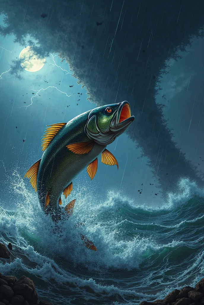 Fish jumping out of water amid a night tornado