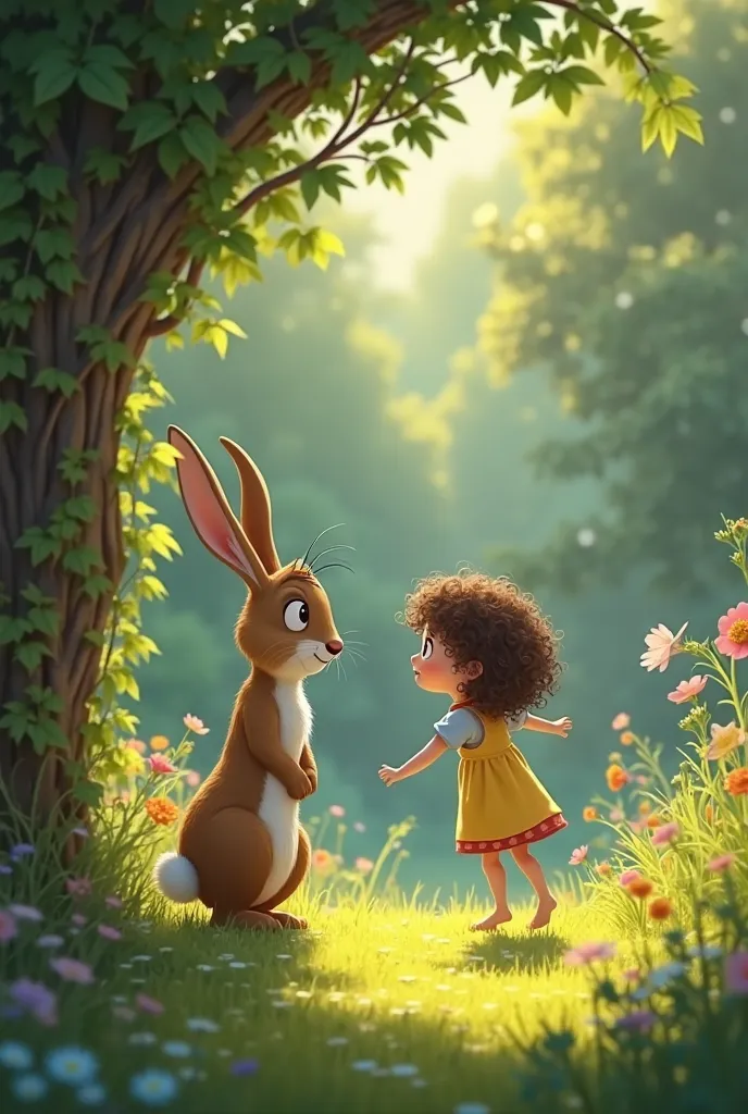 Animation: Oliver the rabbit stands on hind legs, speaking. The vines wave slightly as if reacting to Lily’s presence. The   girl Lily skips into the garden, her curly hair bouncing. The grass glows slightly under her feet.