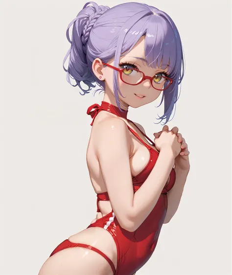 Glasses Girl, purple hair ,Red swimsuit