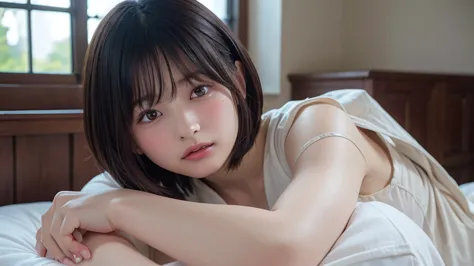 (bob cut hair:1.2),(black underwear、sheer、Spread your legs wide、lie down、on the bed:1.2,2 girls),Japanese, 24 years old ,(small breasts:1.3),(top quality,masterpiece:1.3,super A high resolution,),(Ultra High Resolution,caustics),(Photorealistic:1.4,RAW sho...