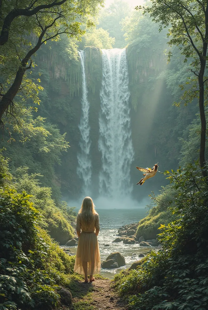 A natural paradise, surrounded by vegetation, fairies, Unicornios, Hoar, fog, with a waterfall in the background, the rays of sunlight, are reflected and in the very small distance you can see a blond woman who cannot be distinguished