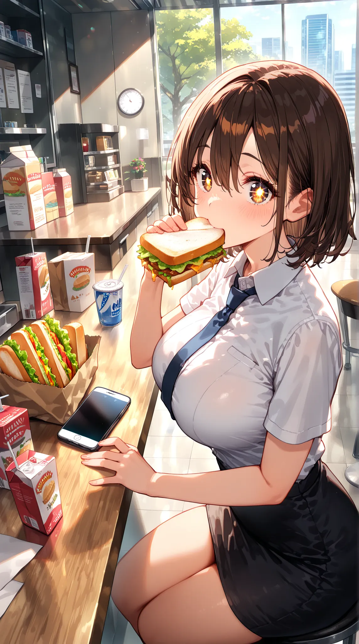 (masterpiece, highest quality), (very detailed, highest quality, official art, beautiful and aesthetic: 1.2), (best quality),2 adult womans , office lady , eye focus , (face) ,curvy, large breasts, short hair ,dark brown hair , hairs between eyes, white sh...