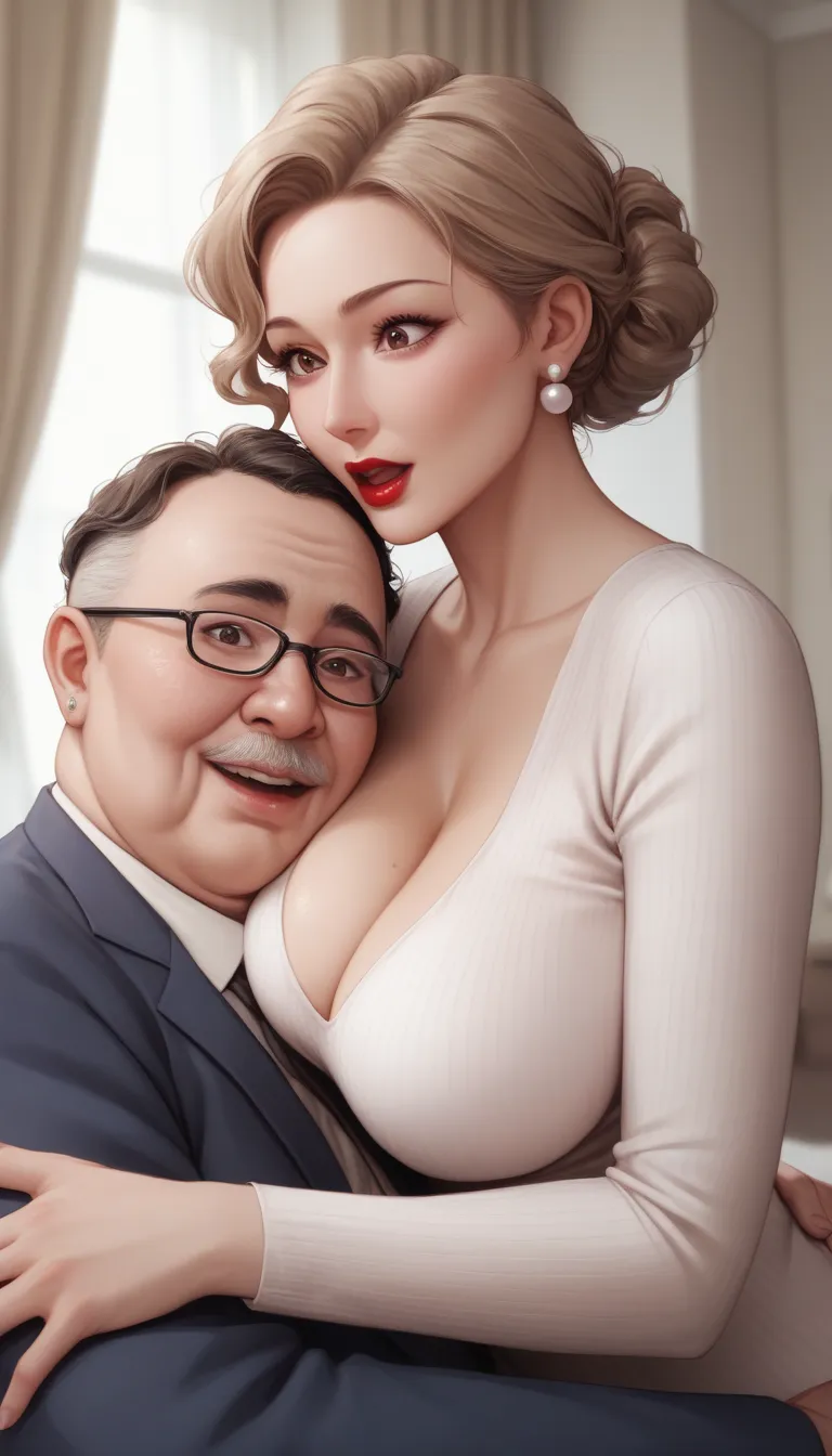 mature female, housewife hugging with fat bald ugly old man, light brown hair, hair bun, slightly disheveled, slight wavy hair, long sleeve shirt, cleavage, milf, soft light, high detailed, best quality,, black colour costume, tight breast, , surprised exp...