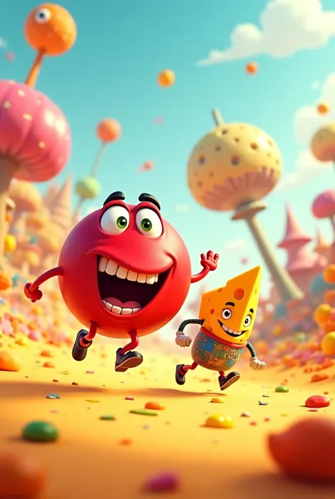 Create Disney Pixar movie poster of a red ball being Chase by the cheese man movie title red ball
