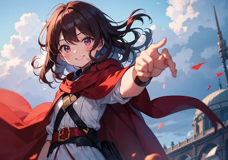 A lively little hero – A girl in a flowing red cape, clutching a small sword, looking up at the sky with a smile and a brave look in her eyes