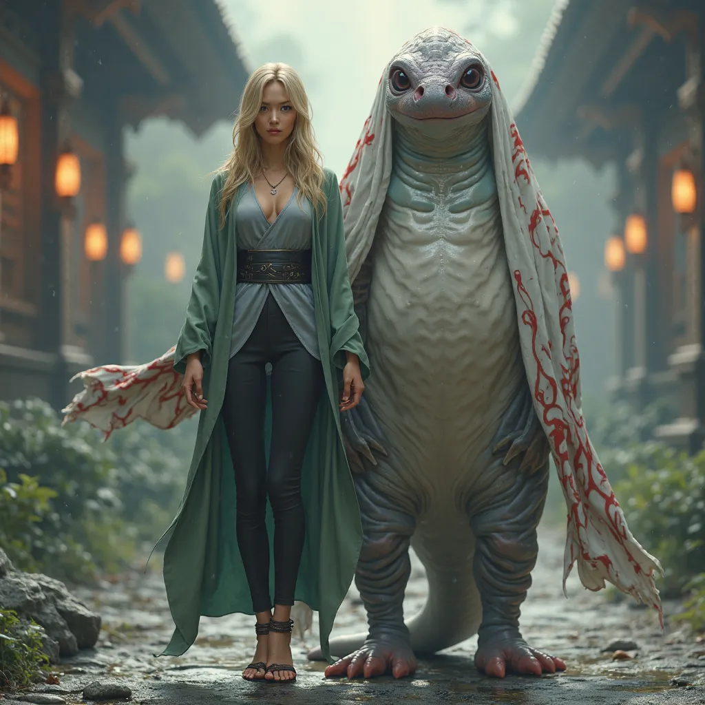 Ultra-realistic, full-body depiction of a real human woman dressed in a Tsunade-inspired outfit, standing with confidence while holding a leash attached to a humanoid giant slug. She wears a gray kimono-style top with a deep neckline, a flowing green haori...